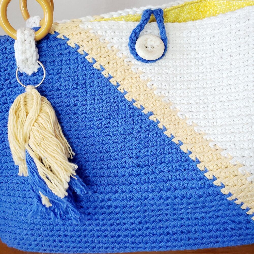 Handmade Knit Crochet Purse Hand Bag Summer Blue White Casual Beach Tiki - Picture 9 of 12